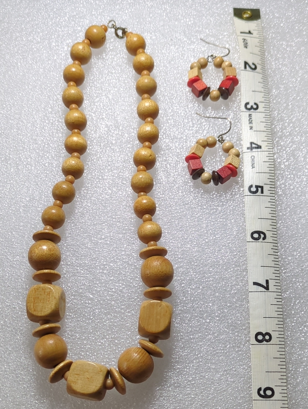 Handmade Natural Wood Bead 17" Necklace and Red Accent Earrings Set